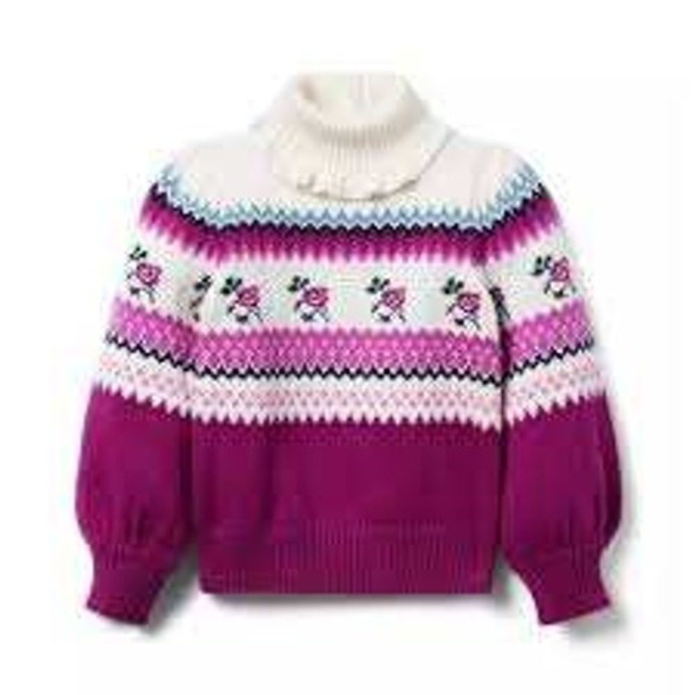 Janie‎ and Jack Roses Fair Isle Sweater Kids 7 Burgundy Floral Ruffle Preppy